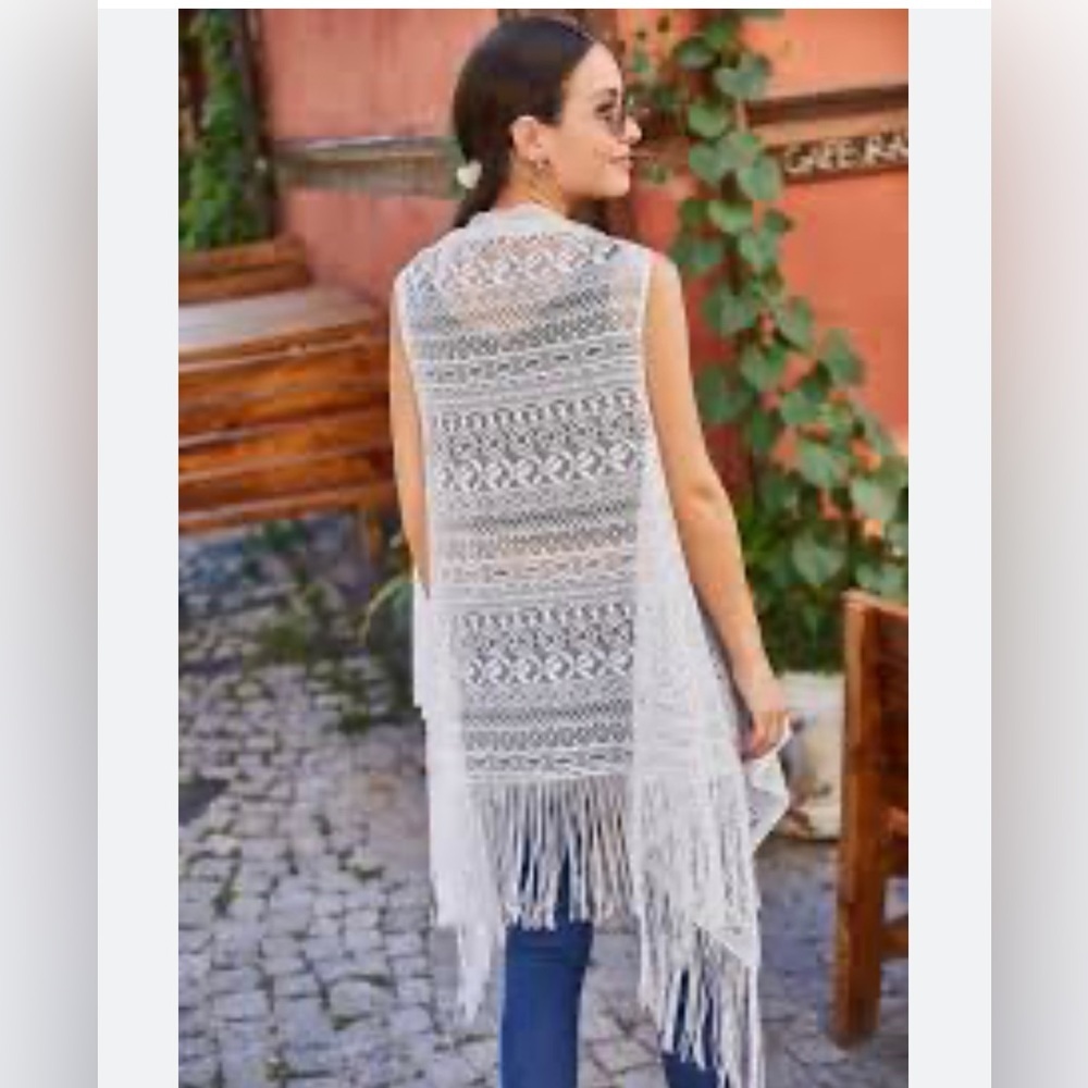 Boho Lace Fringe Duster Vest Cream Festival Layering Piece One Size